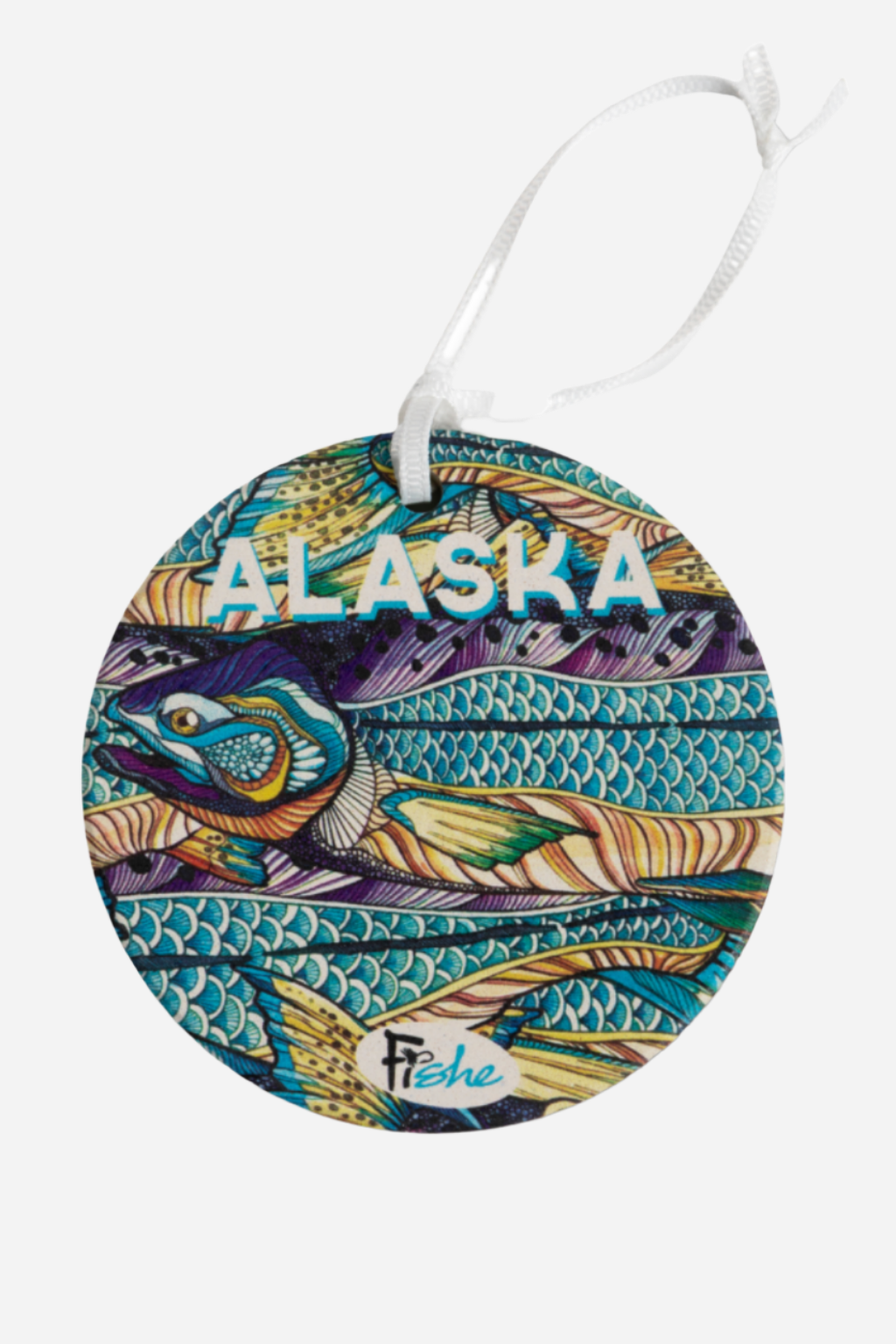 A ceramic ornament with a colorful fish and aquatic design, labeled 'Alaska' and signed 'FISHE'.