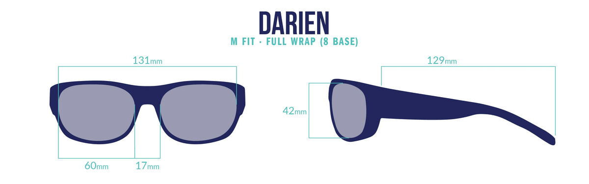 Bajío Darien medium-fit full-wrap frame measurements: 131 mm frame width, 60 mm lens width, 17 mm bridge, 129 mm temple length, and 42 mm lens height