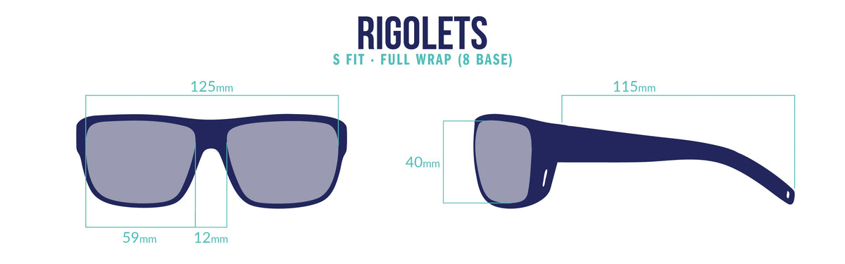 Bajío Rigolets small-fit full-wrap frame measurements: 125 mm frame width, 59 mm lens width, 12 mm bridge, 115 mm temple length, and 40 mm lens height