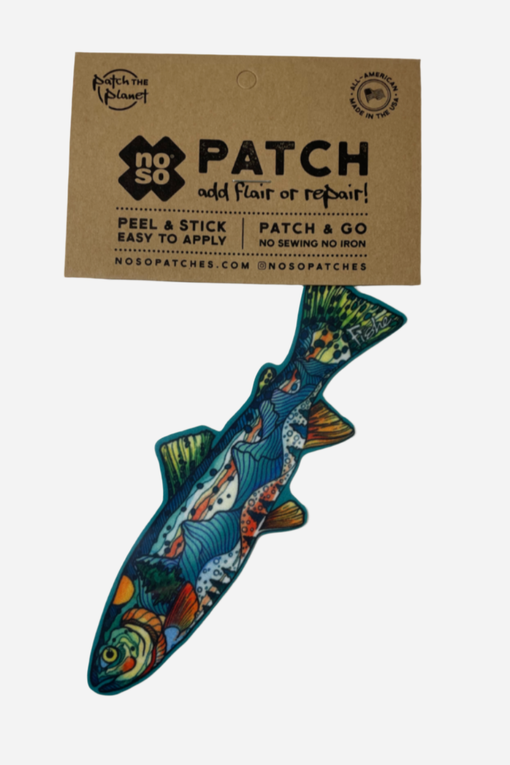 Colorful fish-shaped patch on a white card with 'no so PATCH' packaging.