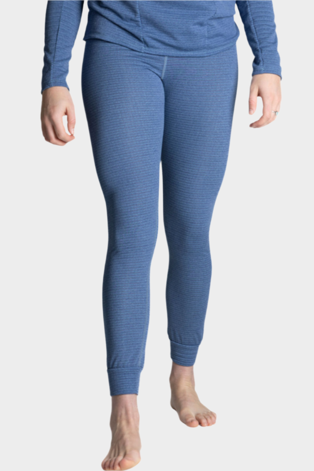 A pair of blue waffle fleece pants with a wide waistband, made of polyester and spandex, designed for chilly outdoor activities.