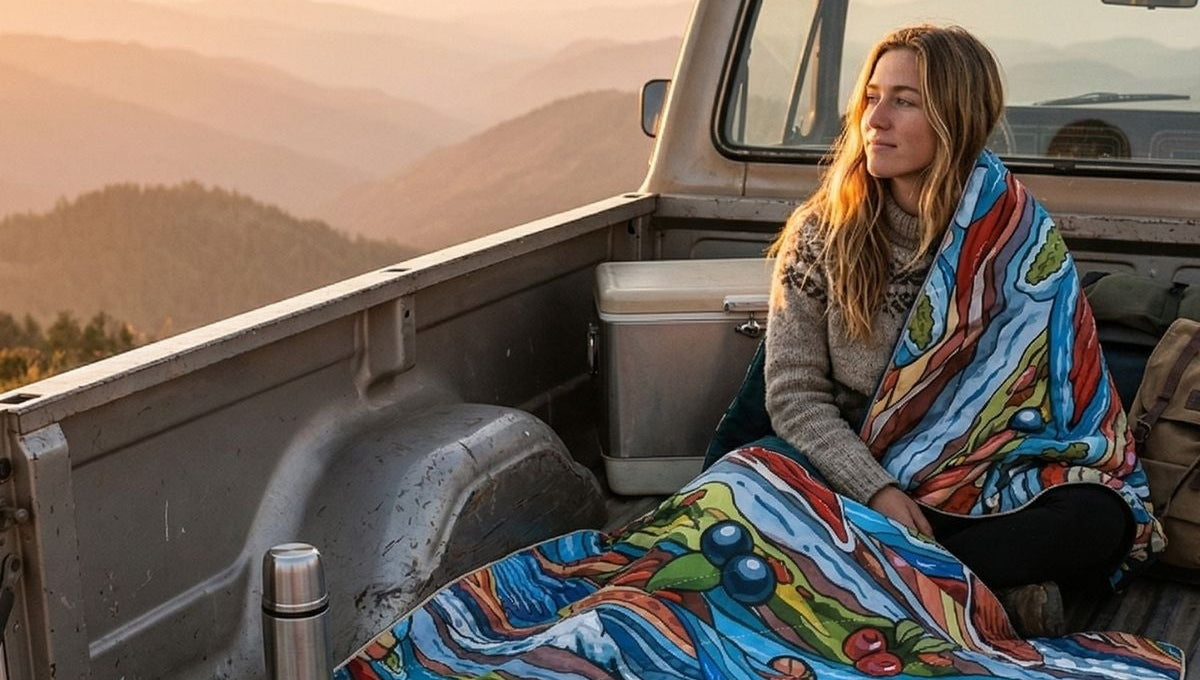 Woman wrapped in the Charvana Fishe × Rumpl Puffy Blanket in a pickup truck overlooking mountains.