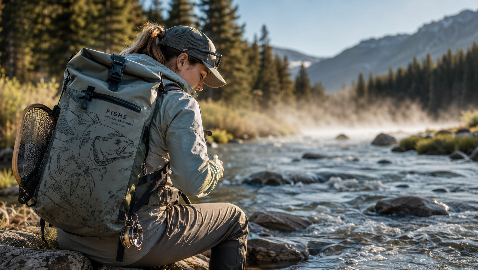 Fishe dry bag backpack collection banner image with female angler adjusting gear on a riverbank