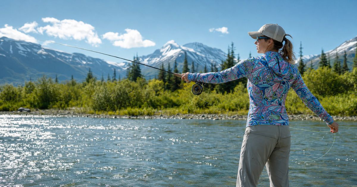 Woman fly fishing in a colorful hooded sun shirt on a bright mountain river