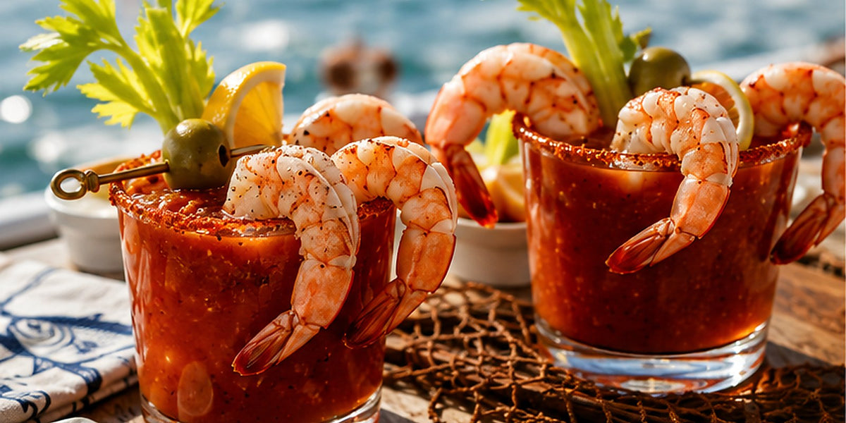 Bloody Mary shrimp served with celery, lemon, and olives