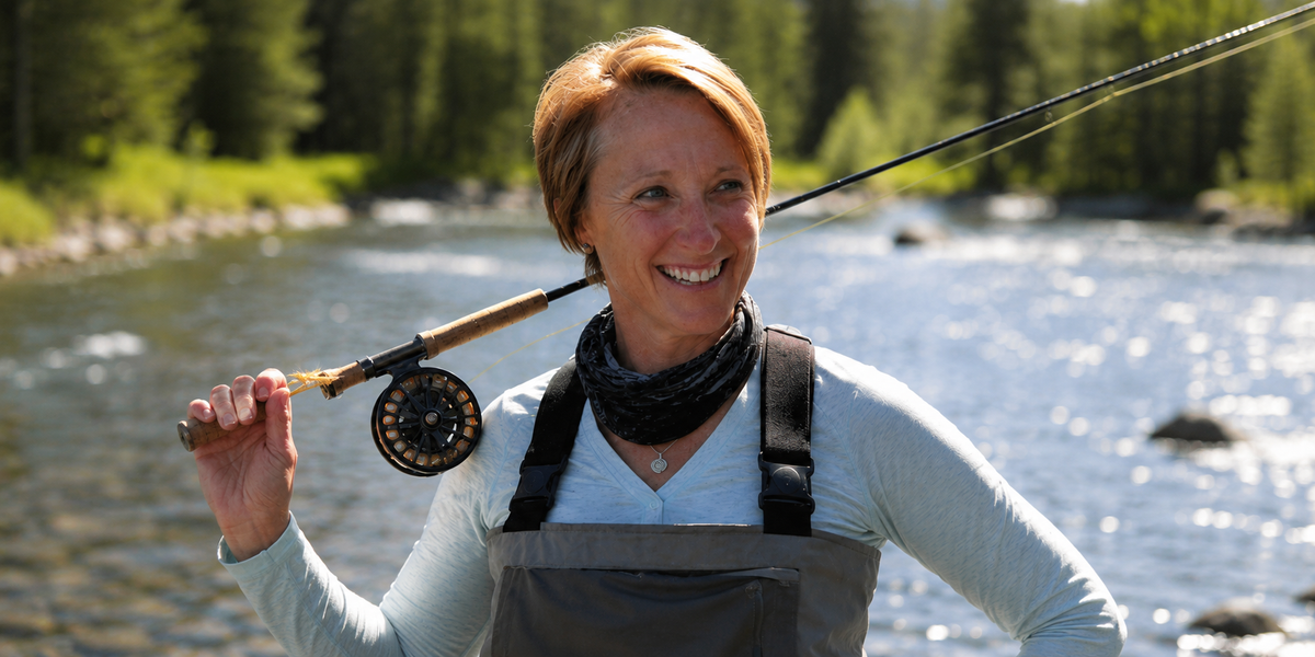 Fishe founder Linda Leary outdoors during an Alaska fly-fishing adventure