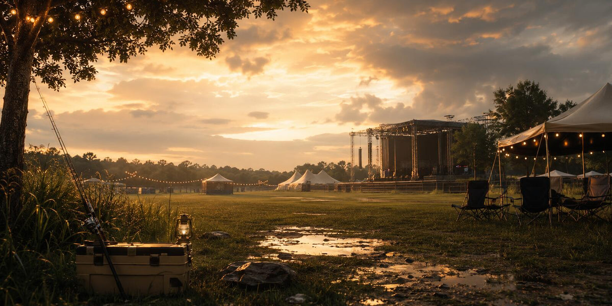 Quiet outdoor music festival field with fishing gear after rain