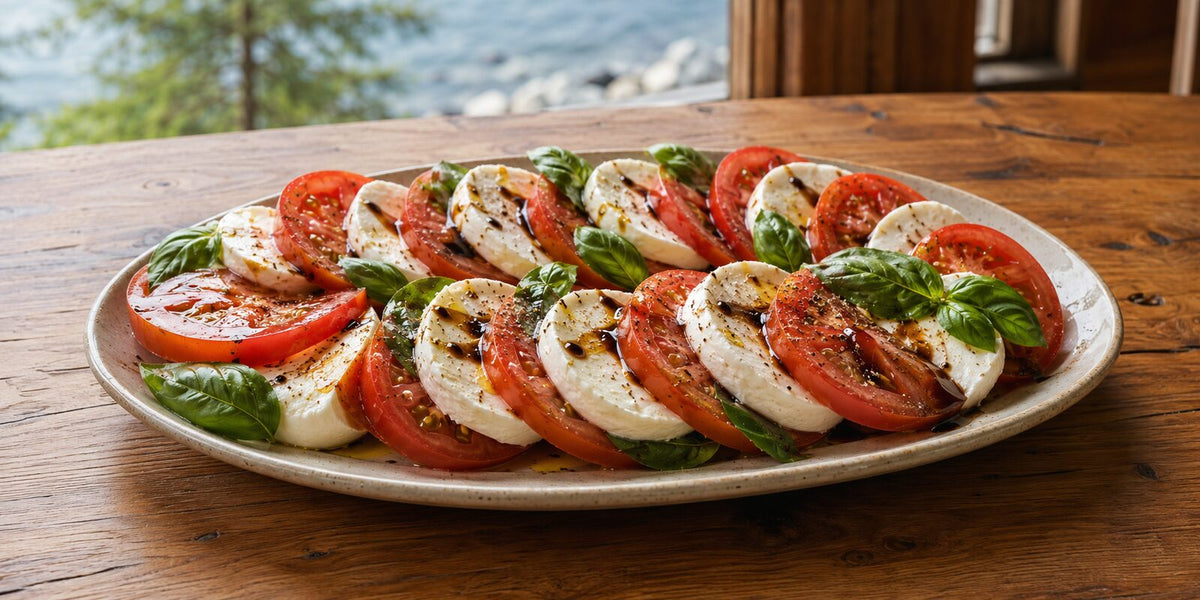 Caprese salad with tomatoes, fresh mozzarella, basil, olive oil, and balsamic syrup