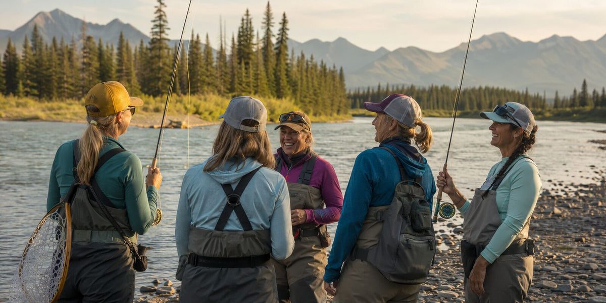 Five women fly anglers gathering together beside an Alaska river