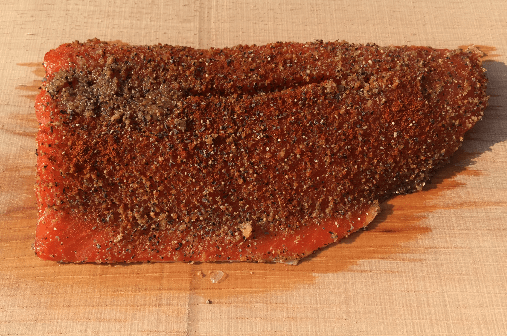 Cedar plank Copper River red salmon ready to serve