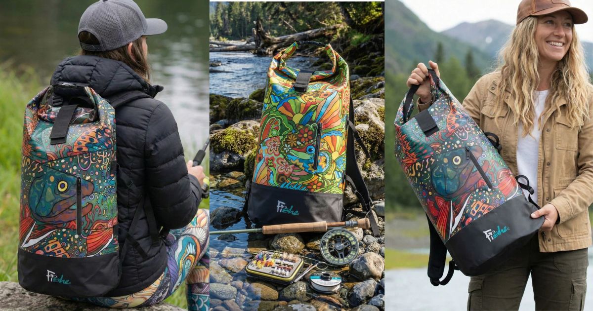 Woman angler carrying a waterproof fishing backpack near the water