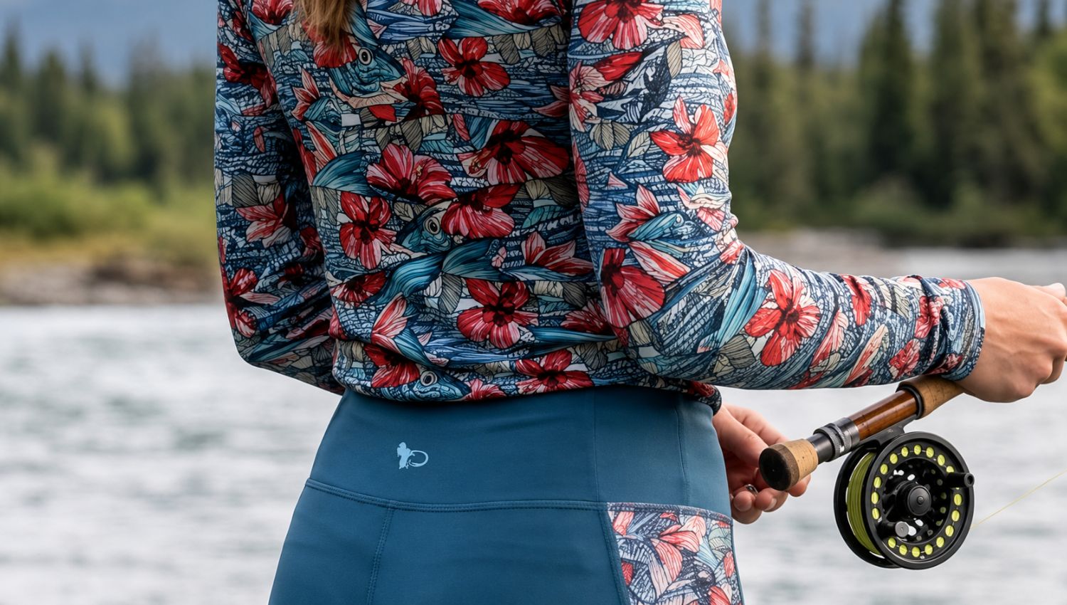 Person wearing a colorful floral jacket and blue pants, holding a fishing rod by a body of water.