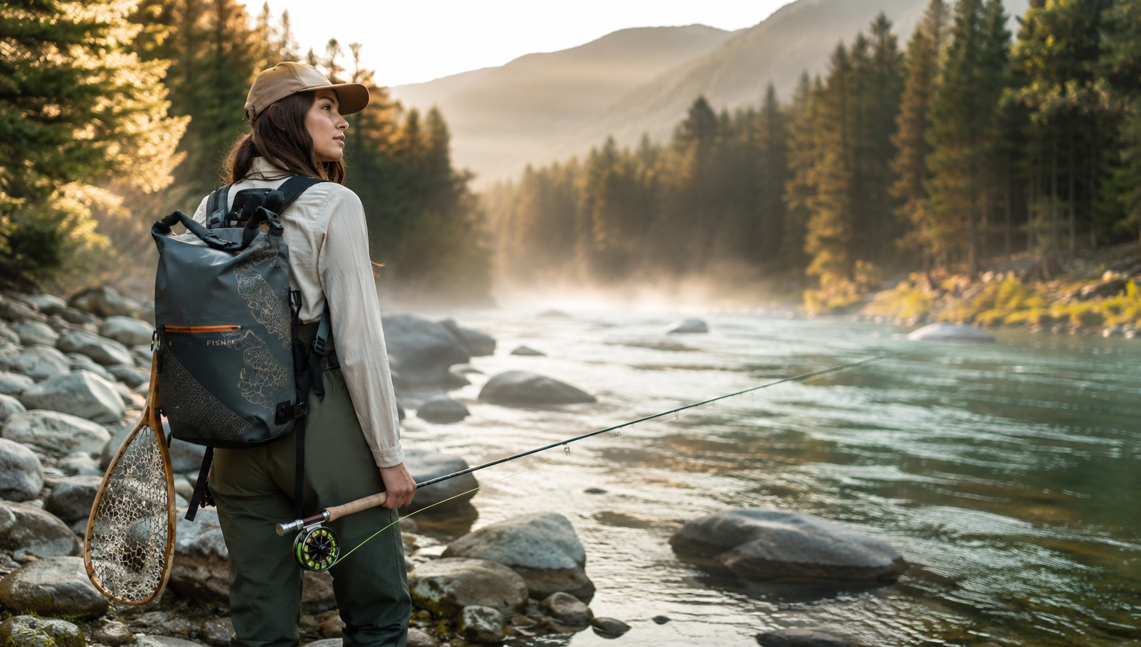 Fishe dry bag backpack collection hero image with female angler by a mountain river at golden hour