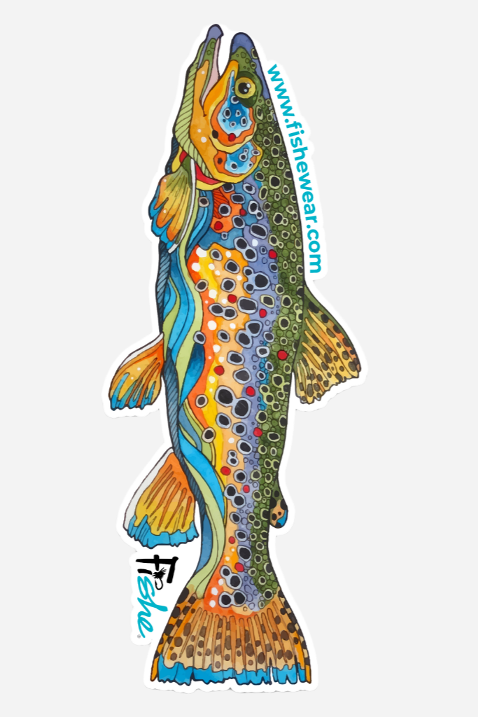 A colorful sticker depicting a fish, specifically a brown trout, with a brand logo at the tail.