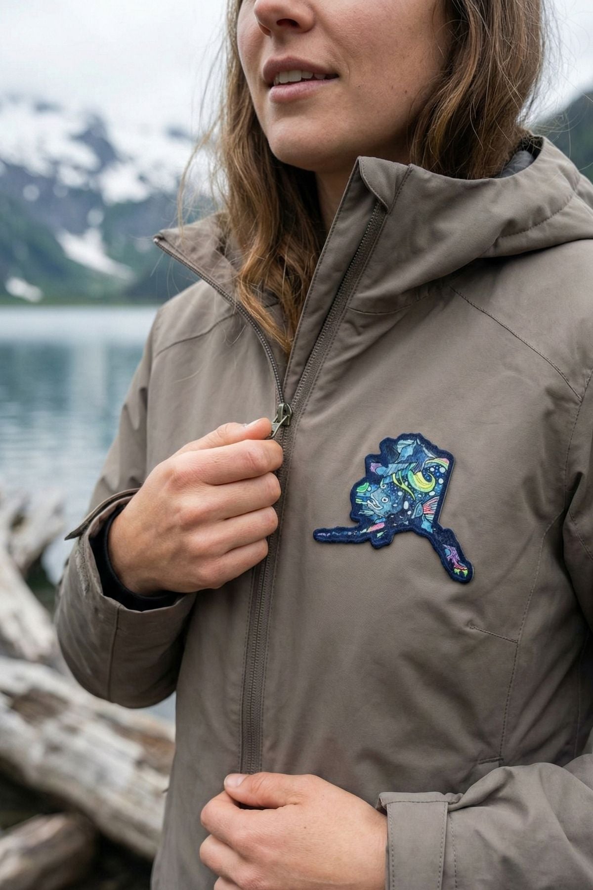 Person wearing a brown jacket with a colorful patch in front of a mountainous landscape.