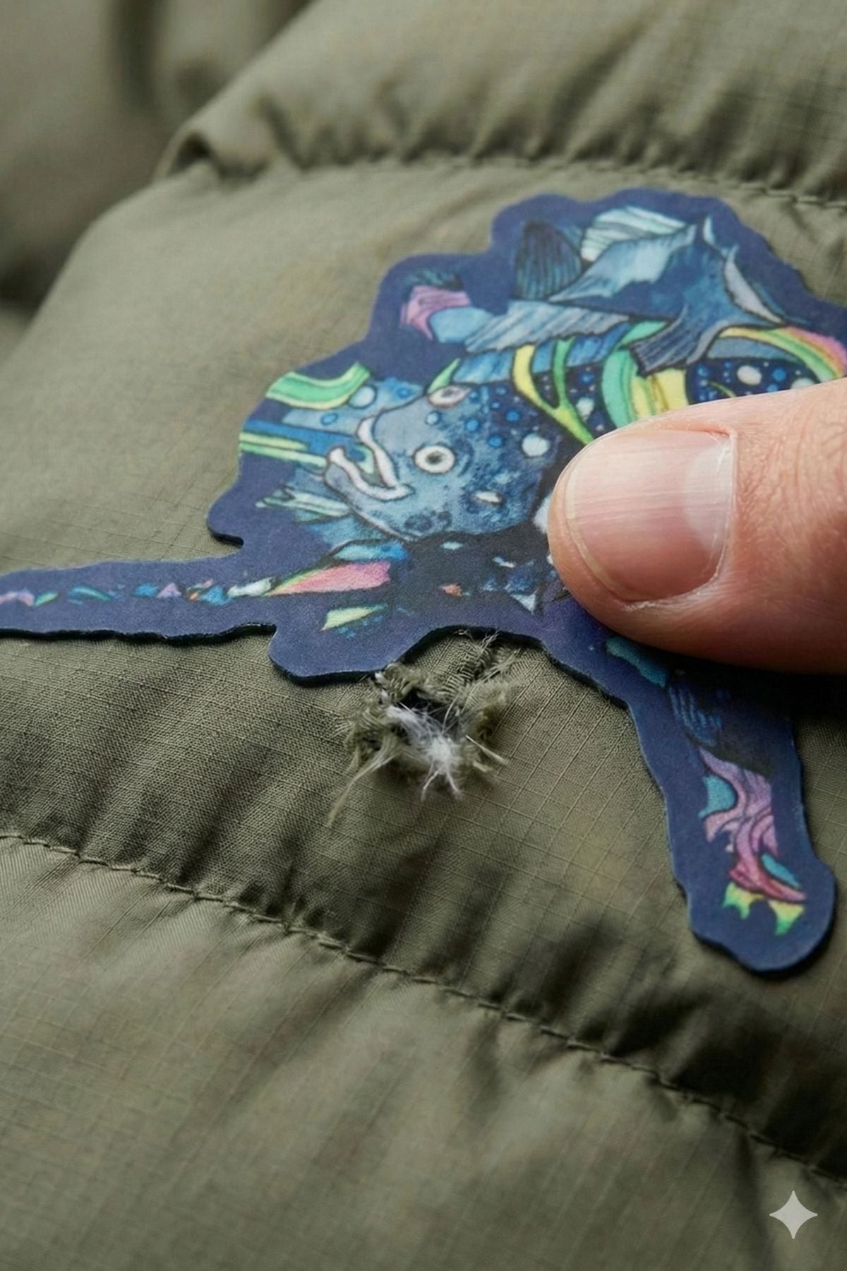 Colorful dragon sticker being applied to a green jacket with a hand holding it.