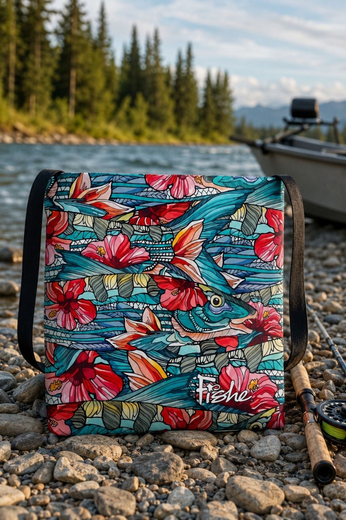 Colorful fish-patterned bag on a rocky shore with a lake and trees in the background