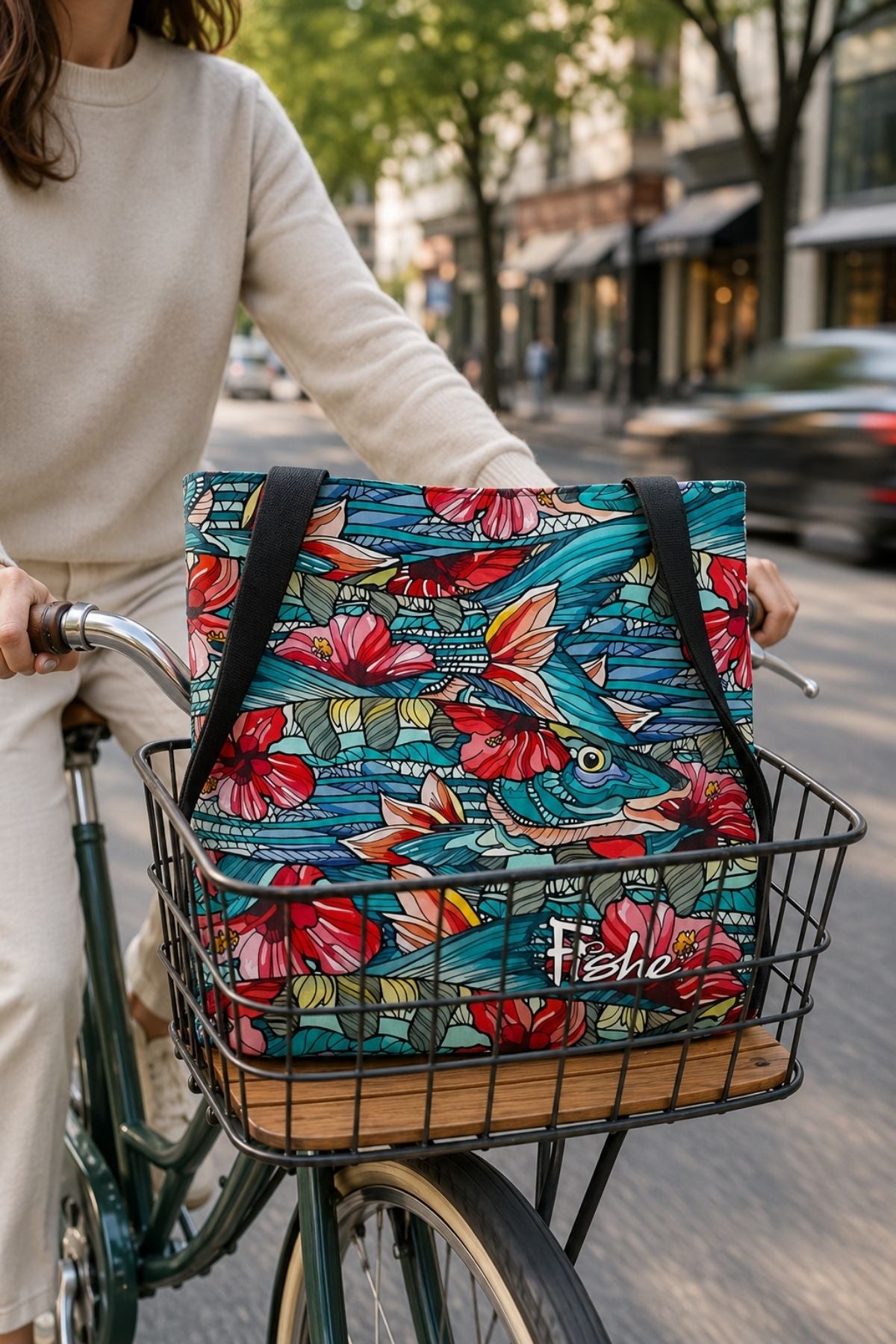 Colorful fish-patterned bag on a bicycle basket with a city street background