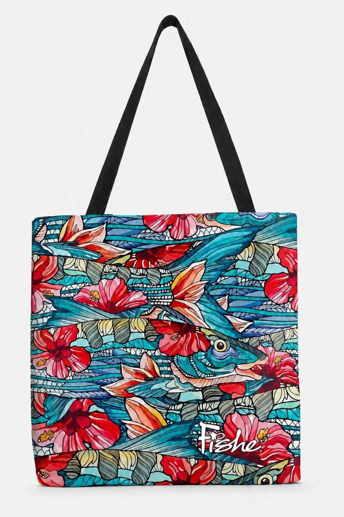 Tote bag with colorful fish and floral design on a white background