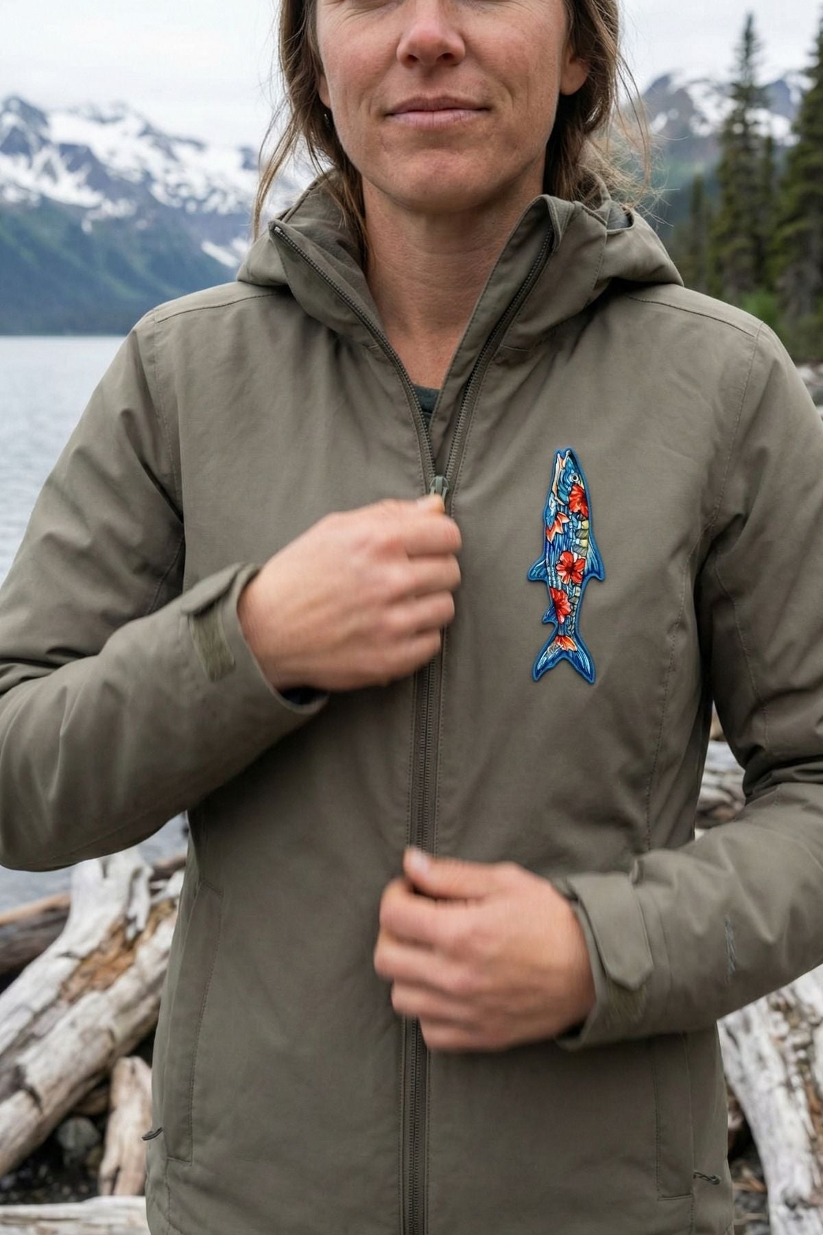 Person wearing a green jacket with a colorful fish design in a mountainous landscape
