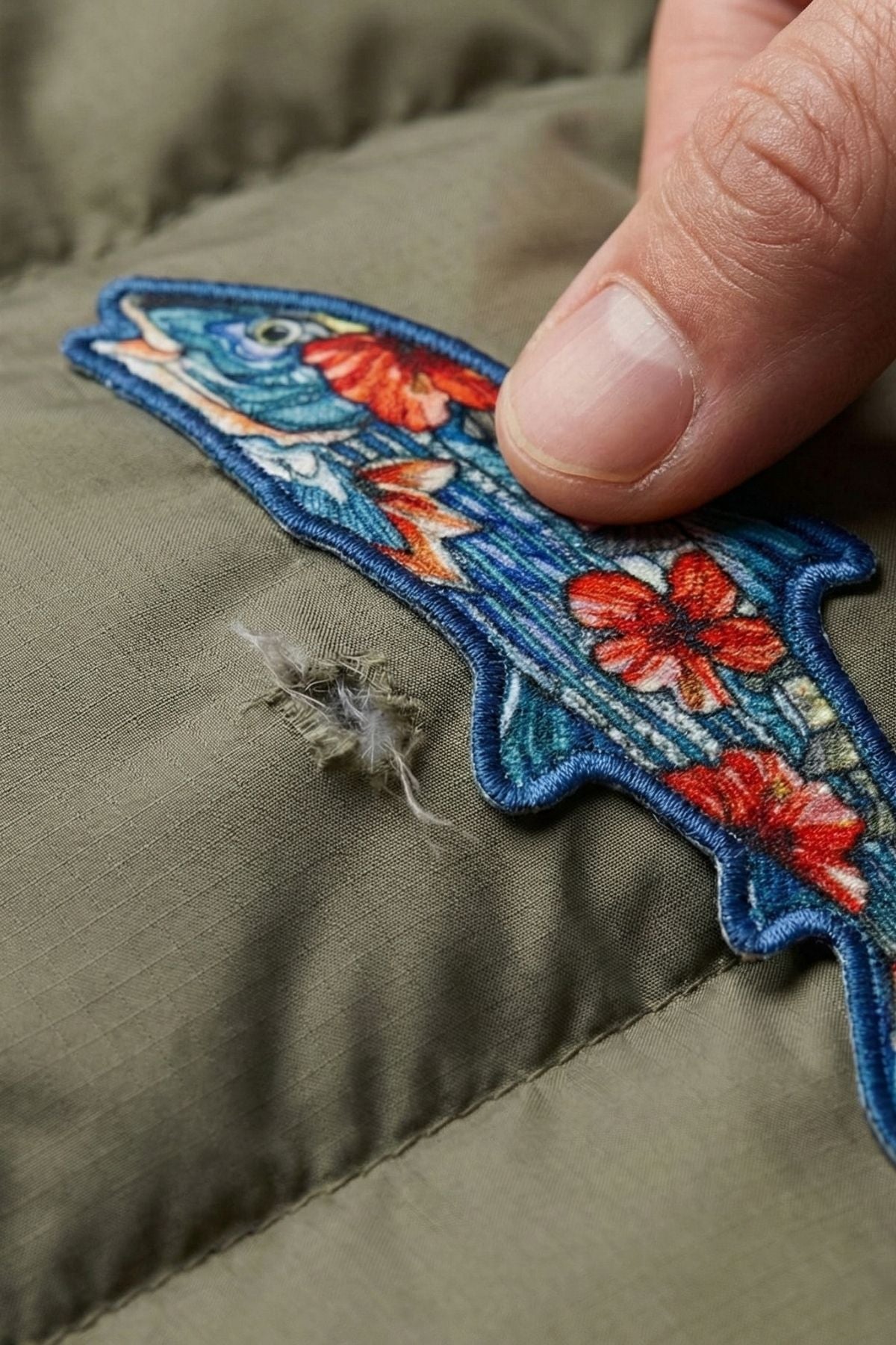 Embroidered patch on a jacket with a hand touching it