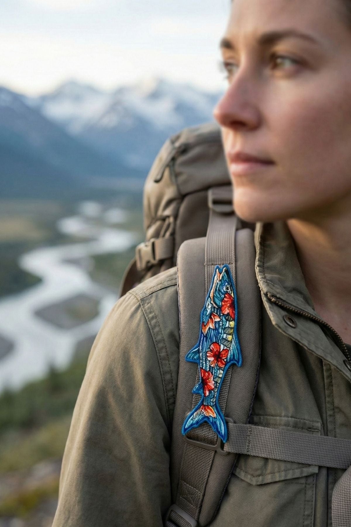 Person wearing a backpack with a decorative emblem in a mountainous landscape