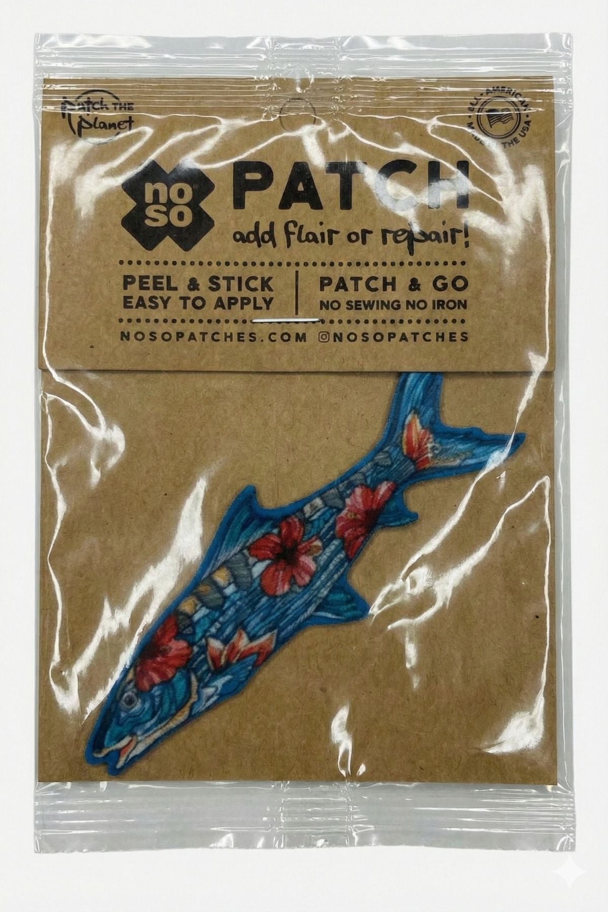 Packaged fish-shaped patch with floral designs on a brown backing, featuring 'no so PATCH' branding.