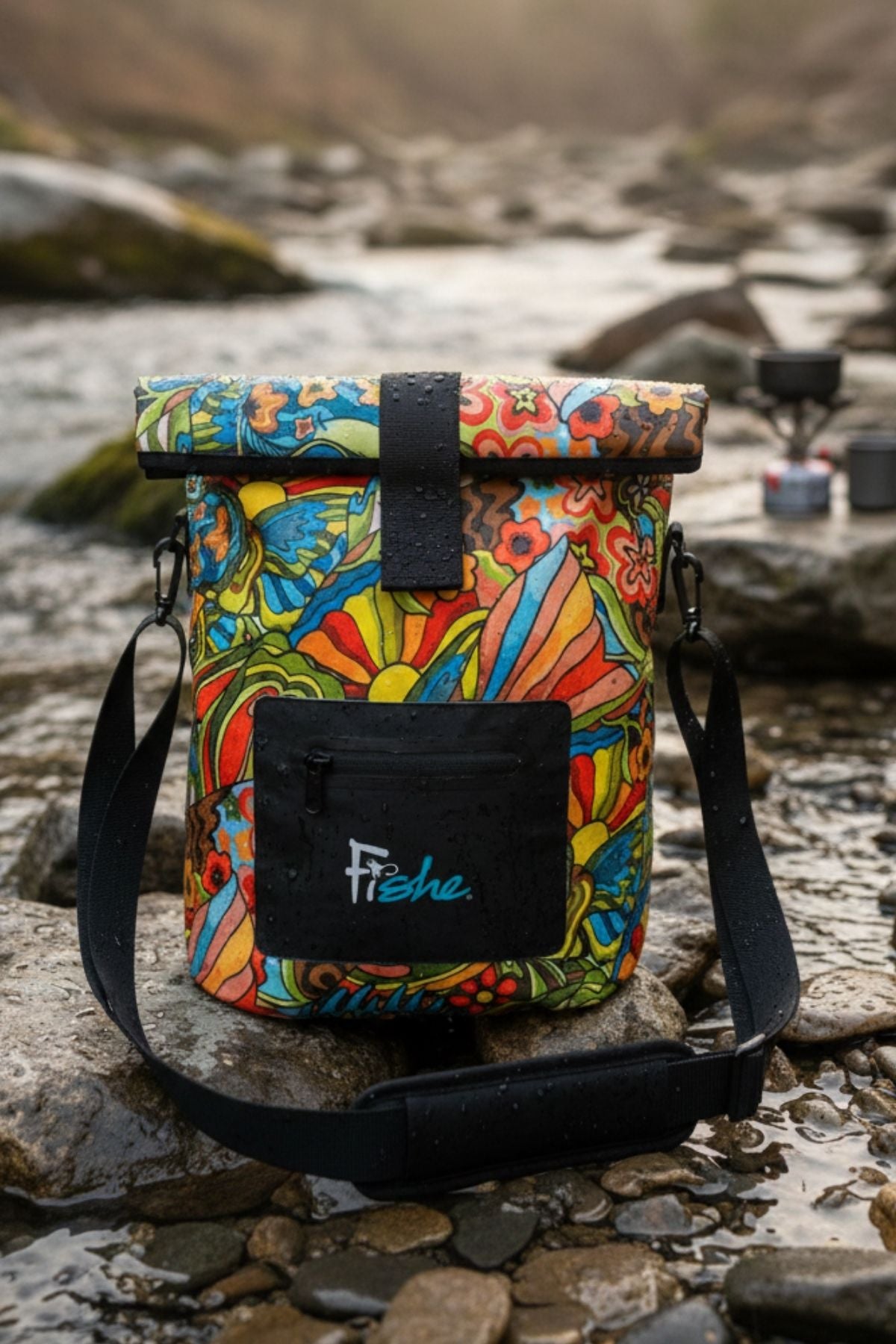 Colorful patterned roll-top bag with a visible brand logo on a rocky surface near water.