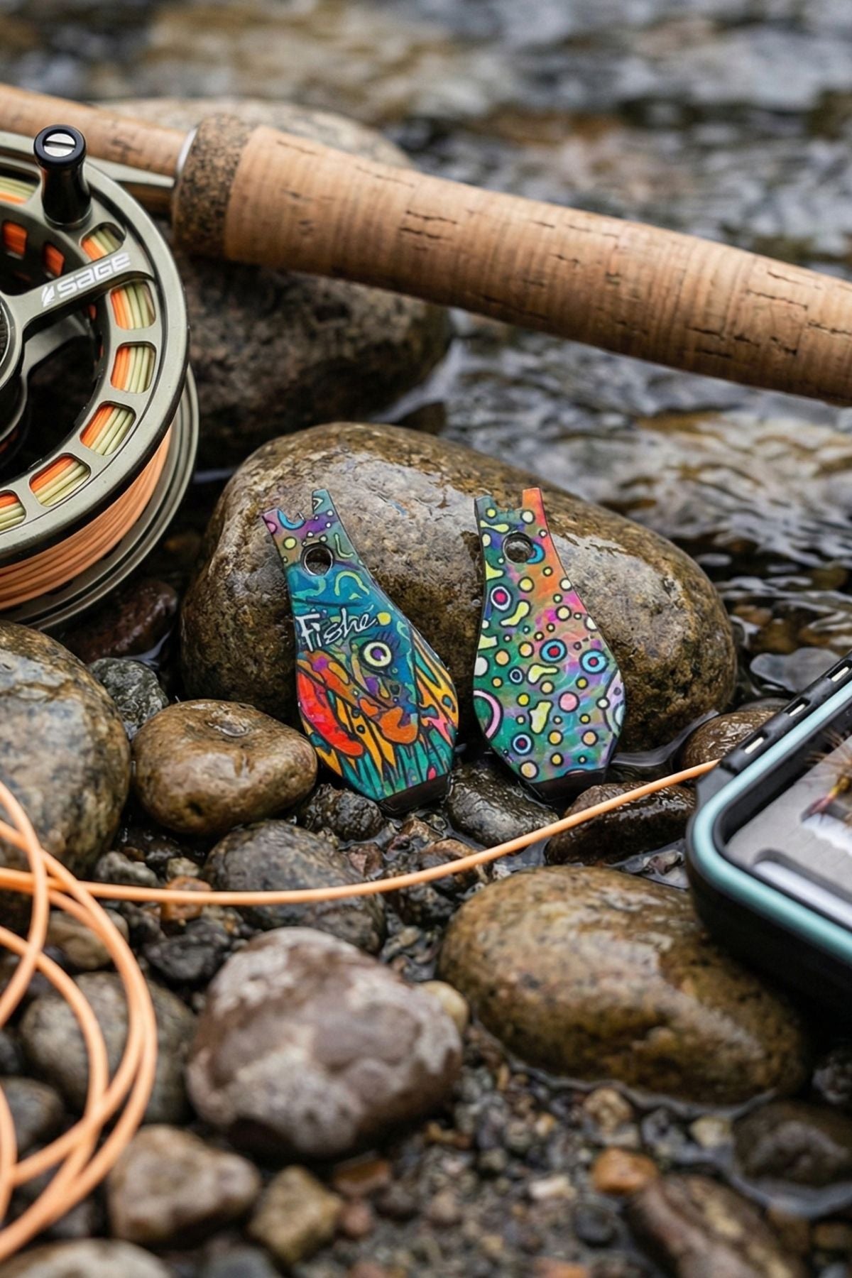 Colorful fishing lure on a rock with a fishing rod and reel in the background.