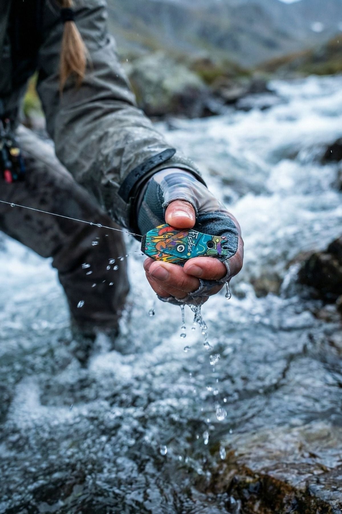 Hand holding a colorful stone above a flowing stream with mountains in the background