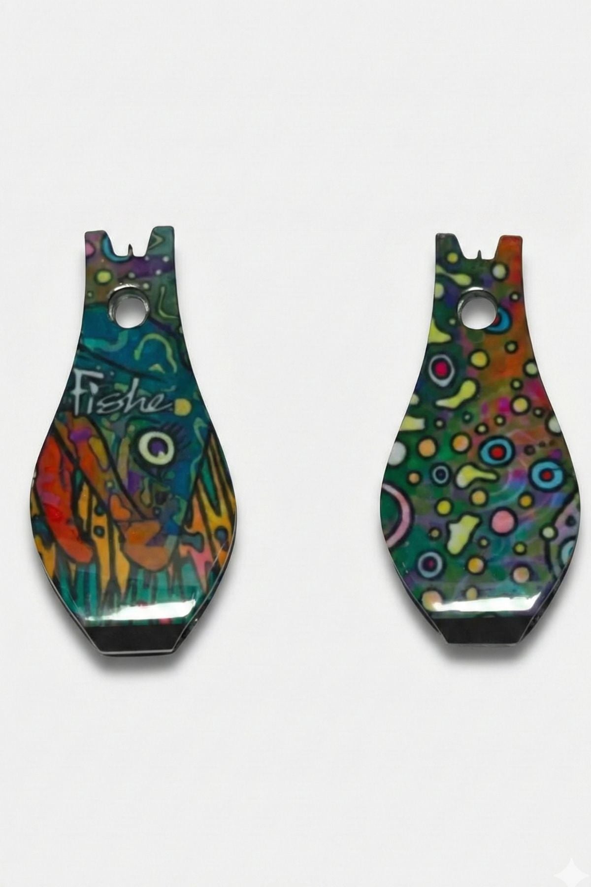 Two colorful fishing lure hooks on a white background