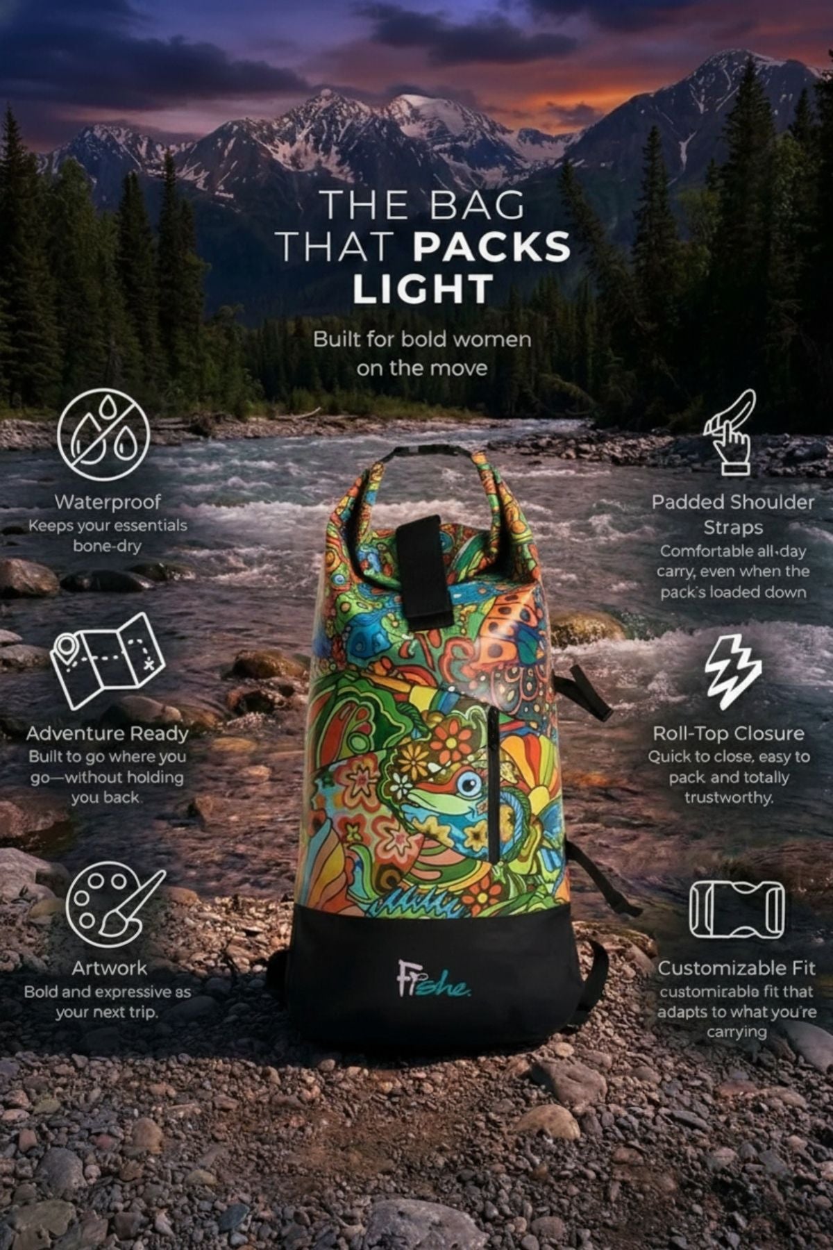 Colorful bag with mountain and forest background, featuring text and icons about bag features.