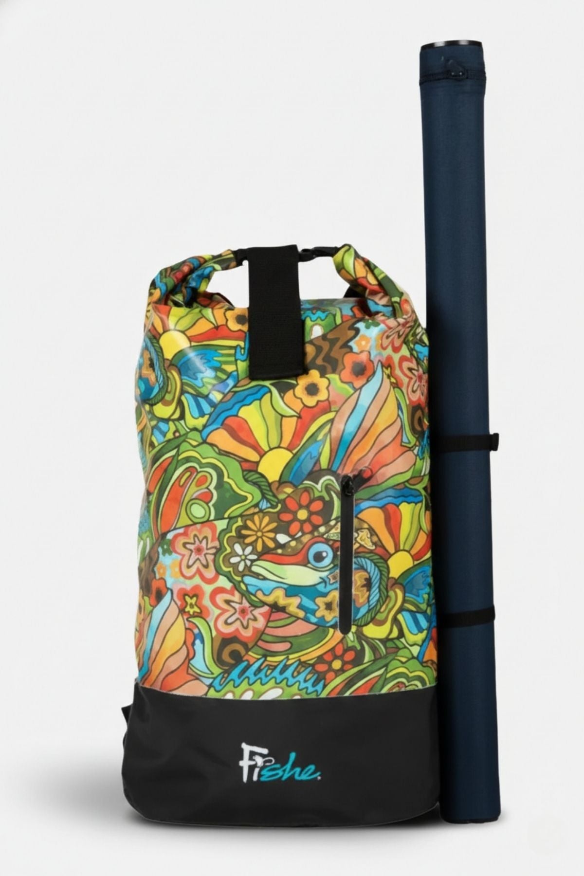 Colorful patterned backpack with a rolled-up mat on a white background