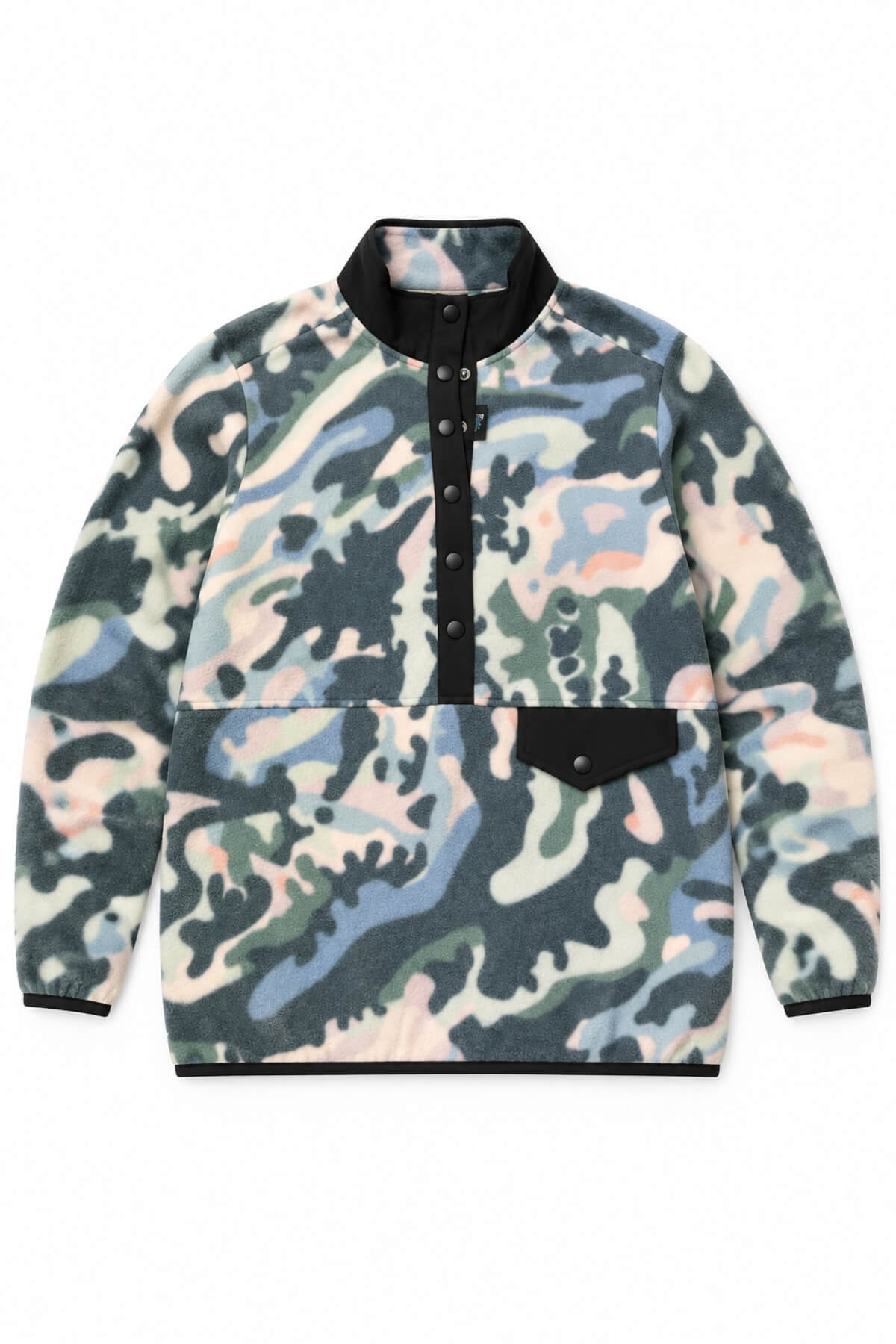 A long-sleeve fleece pullover jacket featuring a multi-colored camouflage pattern in shades of green, blue, pink, and beige, with contrasting black trim on the collar, front placket, cuffs, and hem.