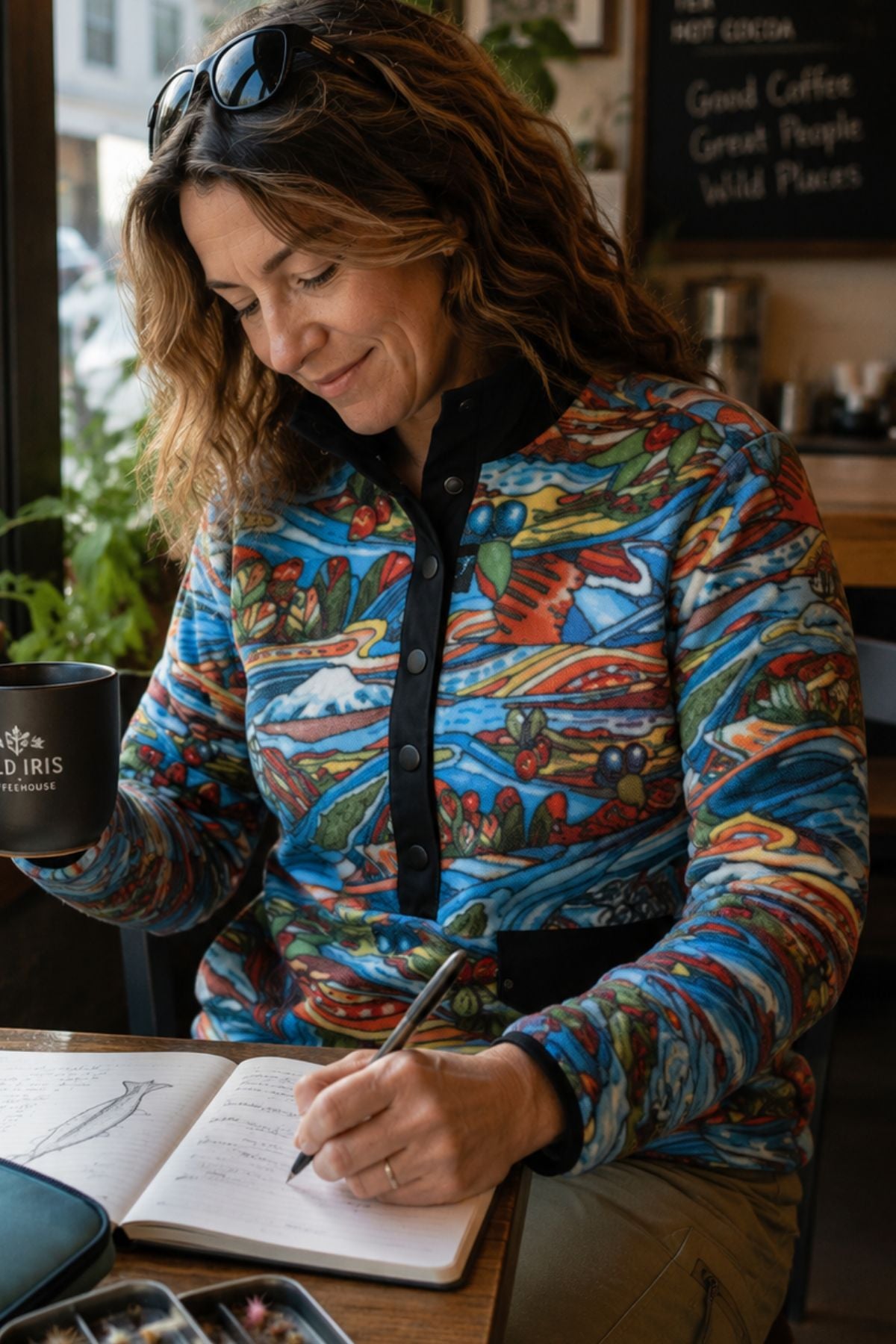 Woman wearing the Charvana Riffle Snap Fleece while seated with coffee in a warm coffee shop.