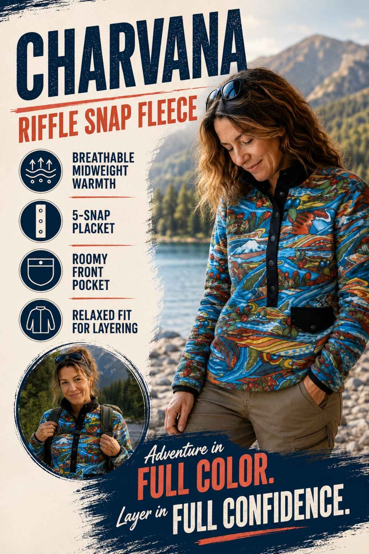 A woman wearing a colorful patterned Charvana Riffle Snap Fleece stands outdoors by a lake with mountains in the background. The left side of the image features product feature callouts and branding text.
