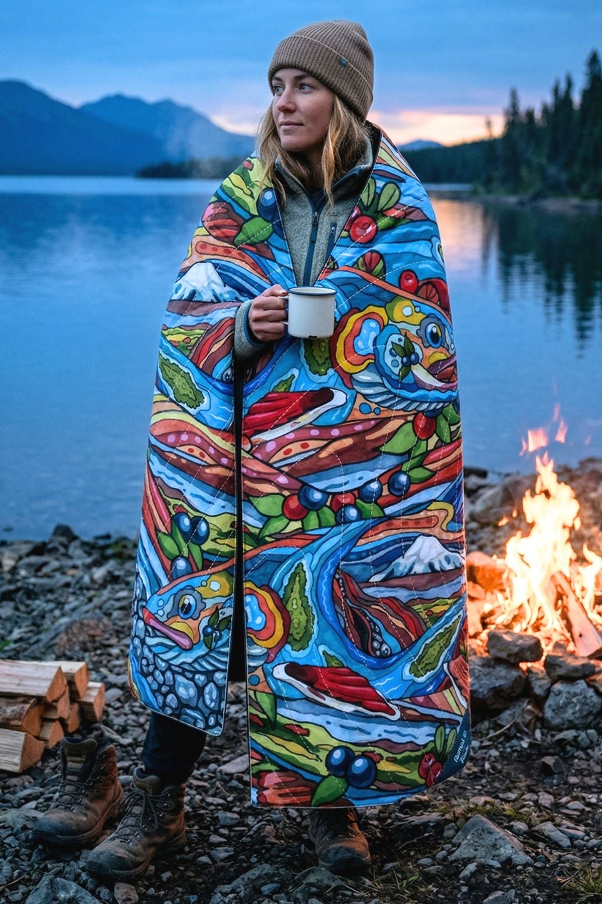 Person wrapped in a colorful blanket by a campfire with a lake and mountains in the background
