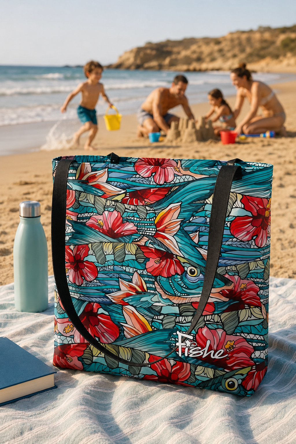Colorful floral and fish-patterned tote bag on a sandy beach with people playing in the background.
