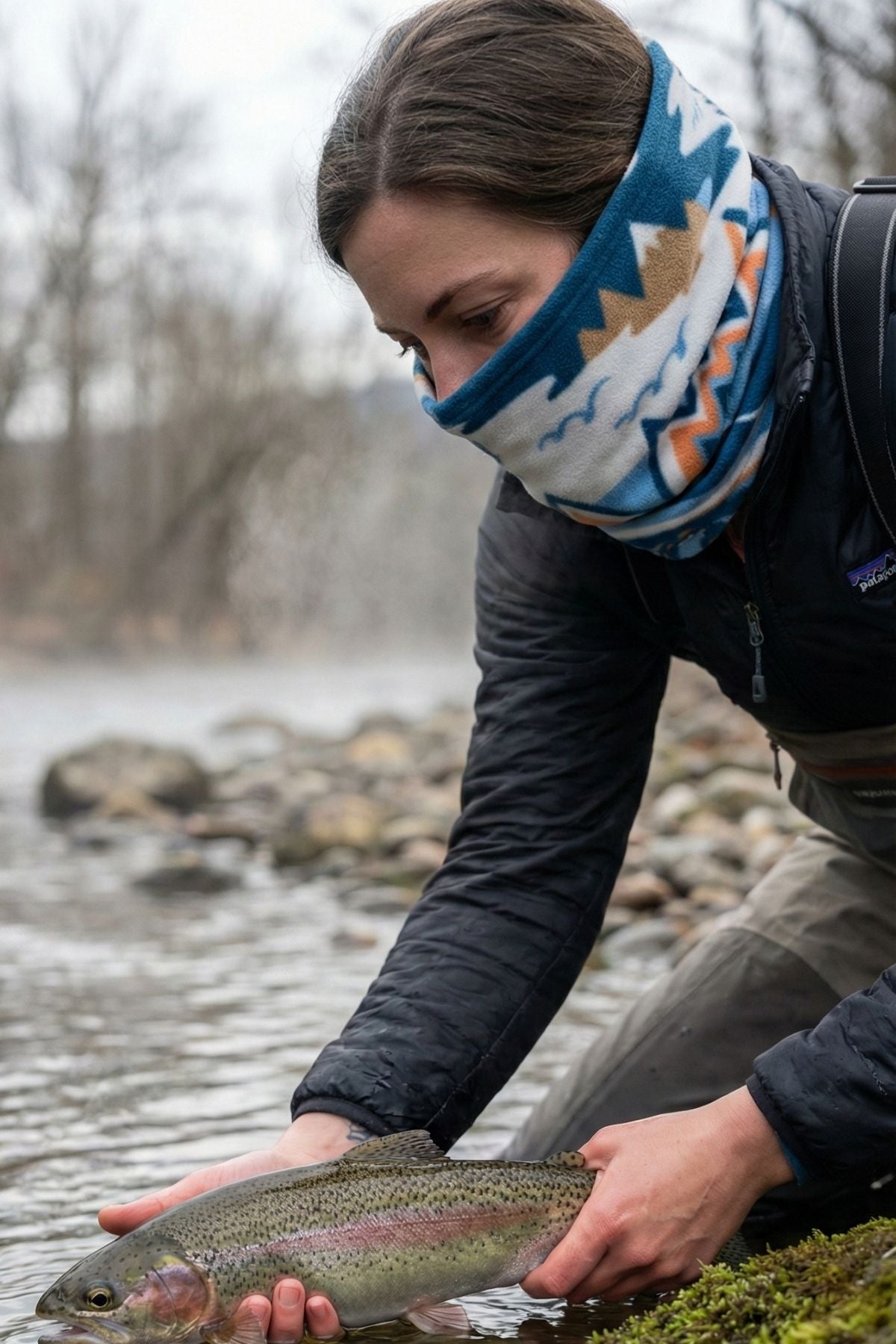 Person holding a fish by a river