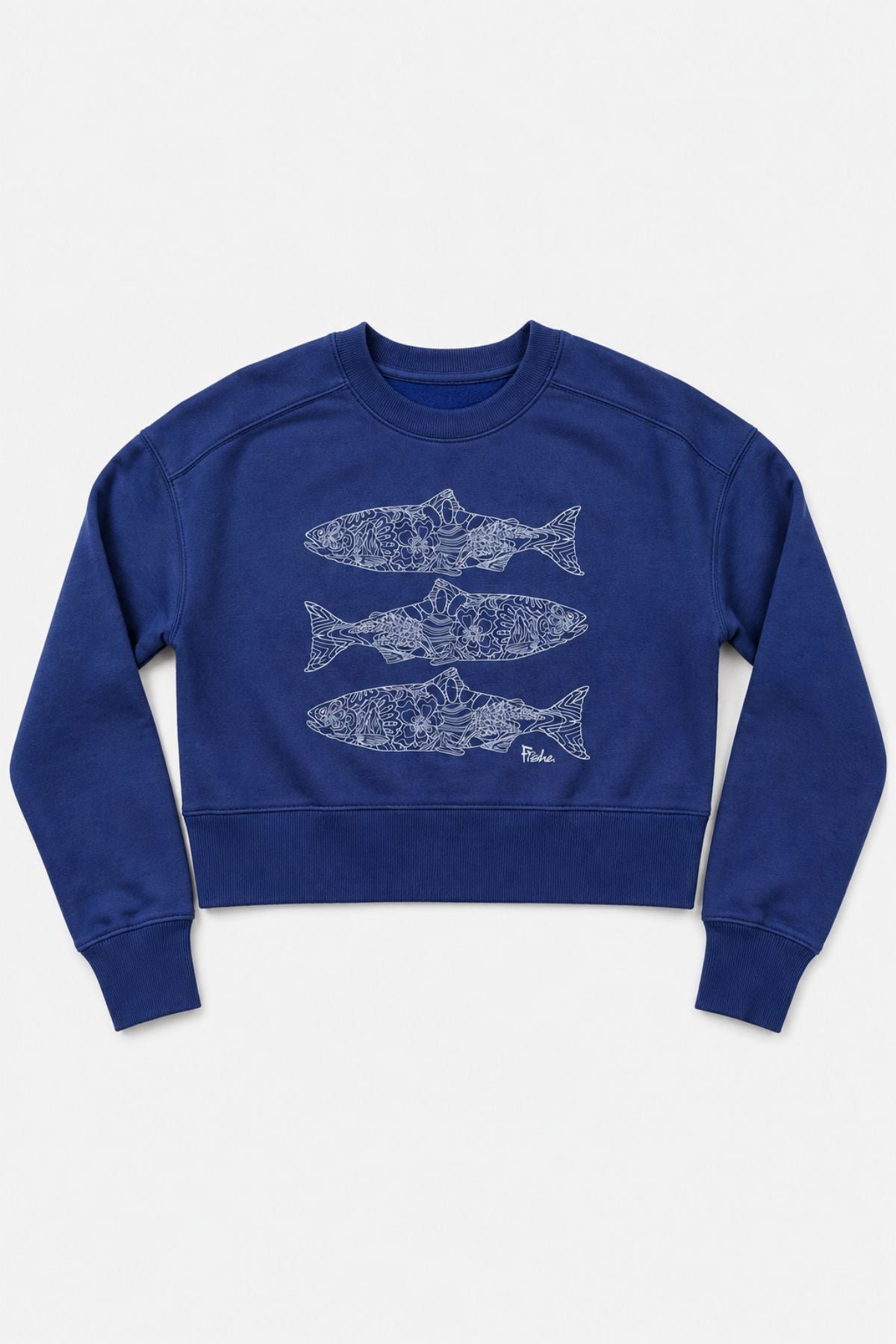 A royal blue crewneck sweatshirt featuring three stacked white line-art fish graphics on the front, displayed flat against a light gray background.