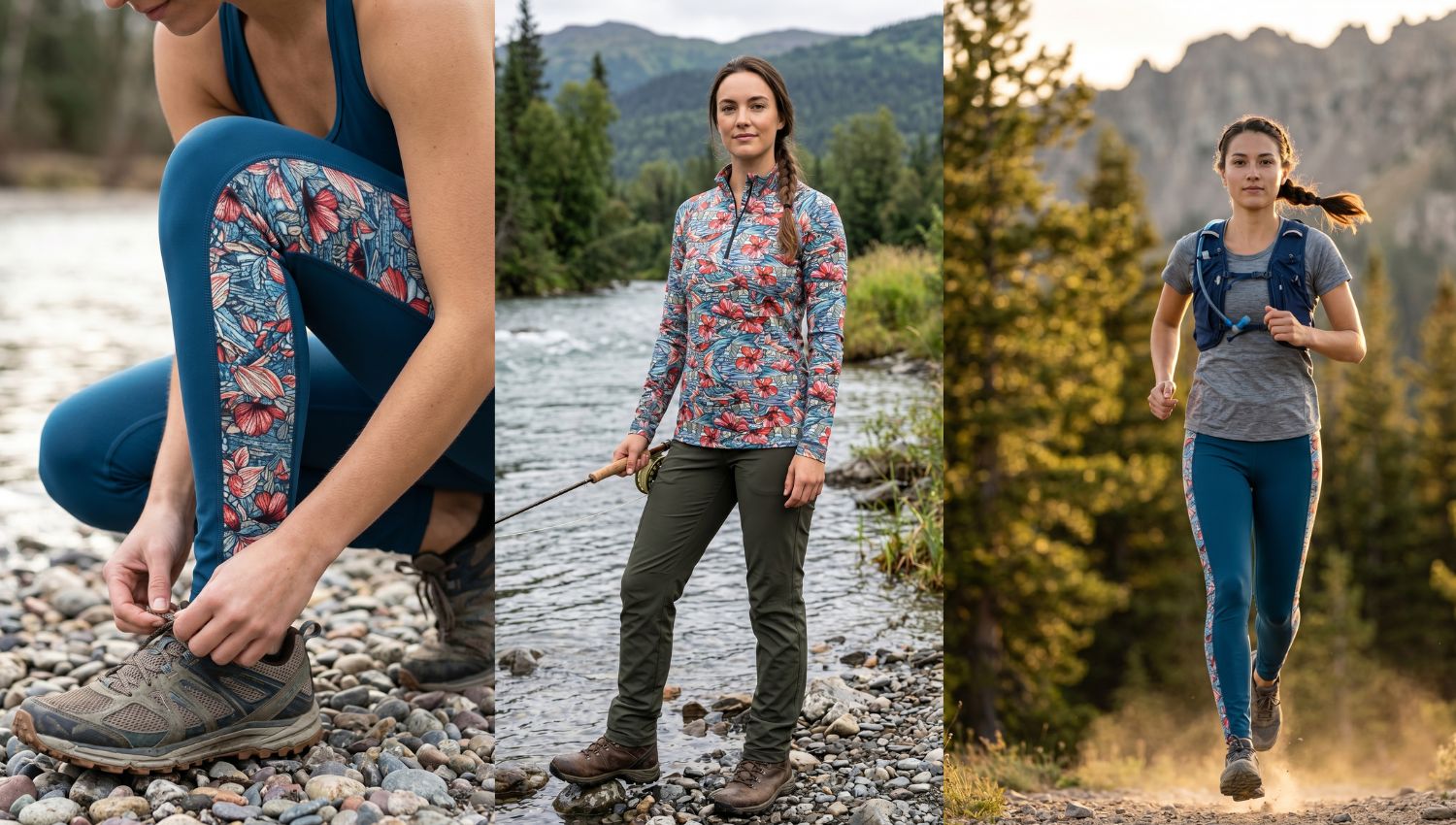 Woman in outdoor clothing by a river and on a trail with mountains in the background
