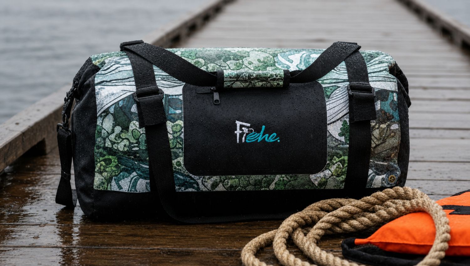 Duffle bag with camouflage pattern and 'Fehe' branding on a wooden dock.