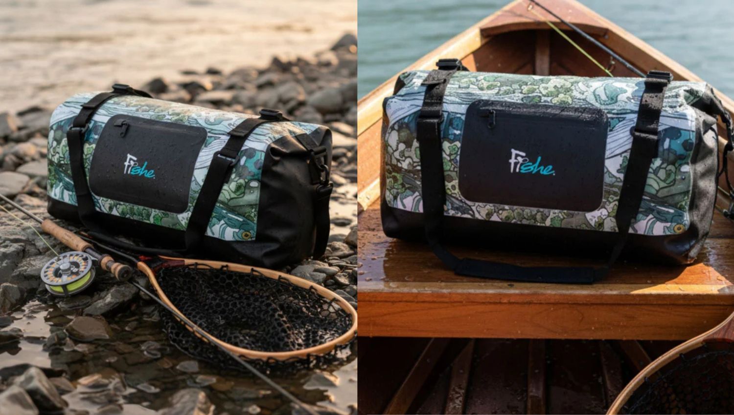 Camouflage duffel bag with a brand logo on a wooden surface and near water.