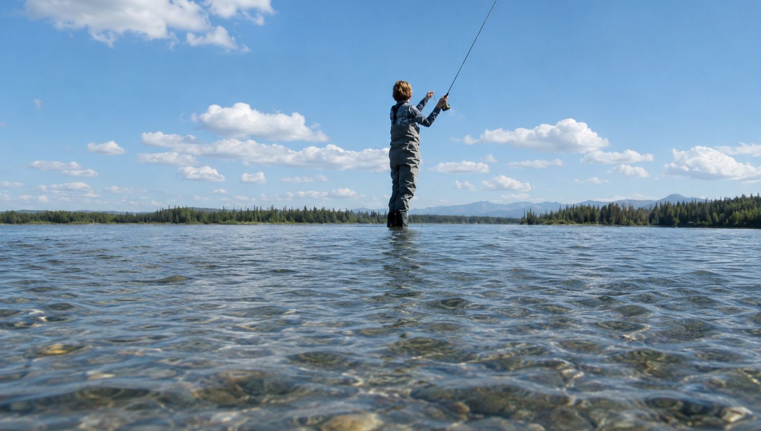 Person fly fishing in a lake with a clear blue sky and distant trees.