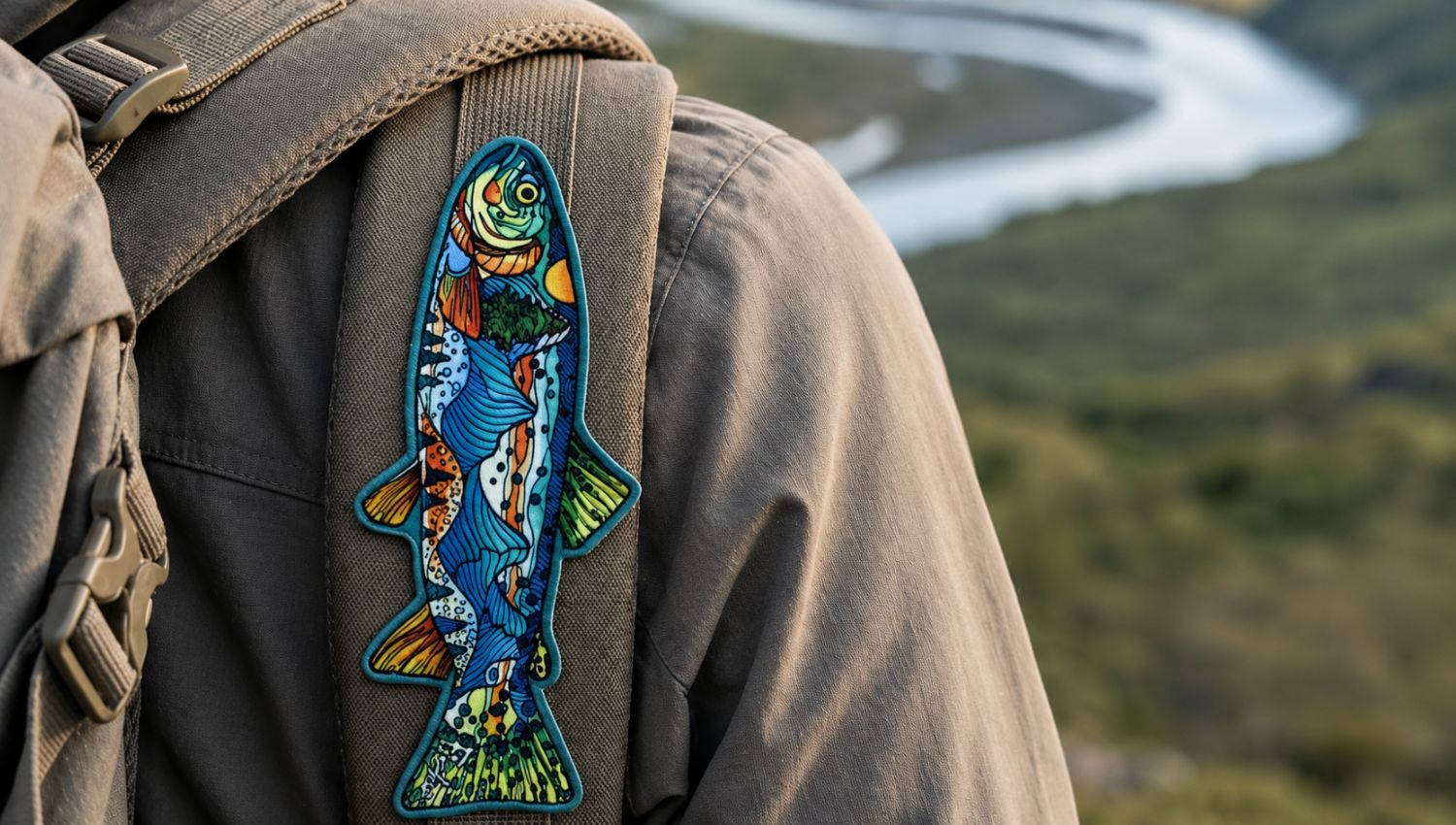 Colorful fish patch on a person's jacket with a river landscape in the background