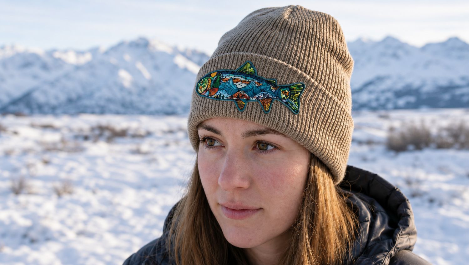 Person wearing a beanie with a fish design in a snowy landscape
