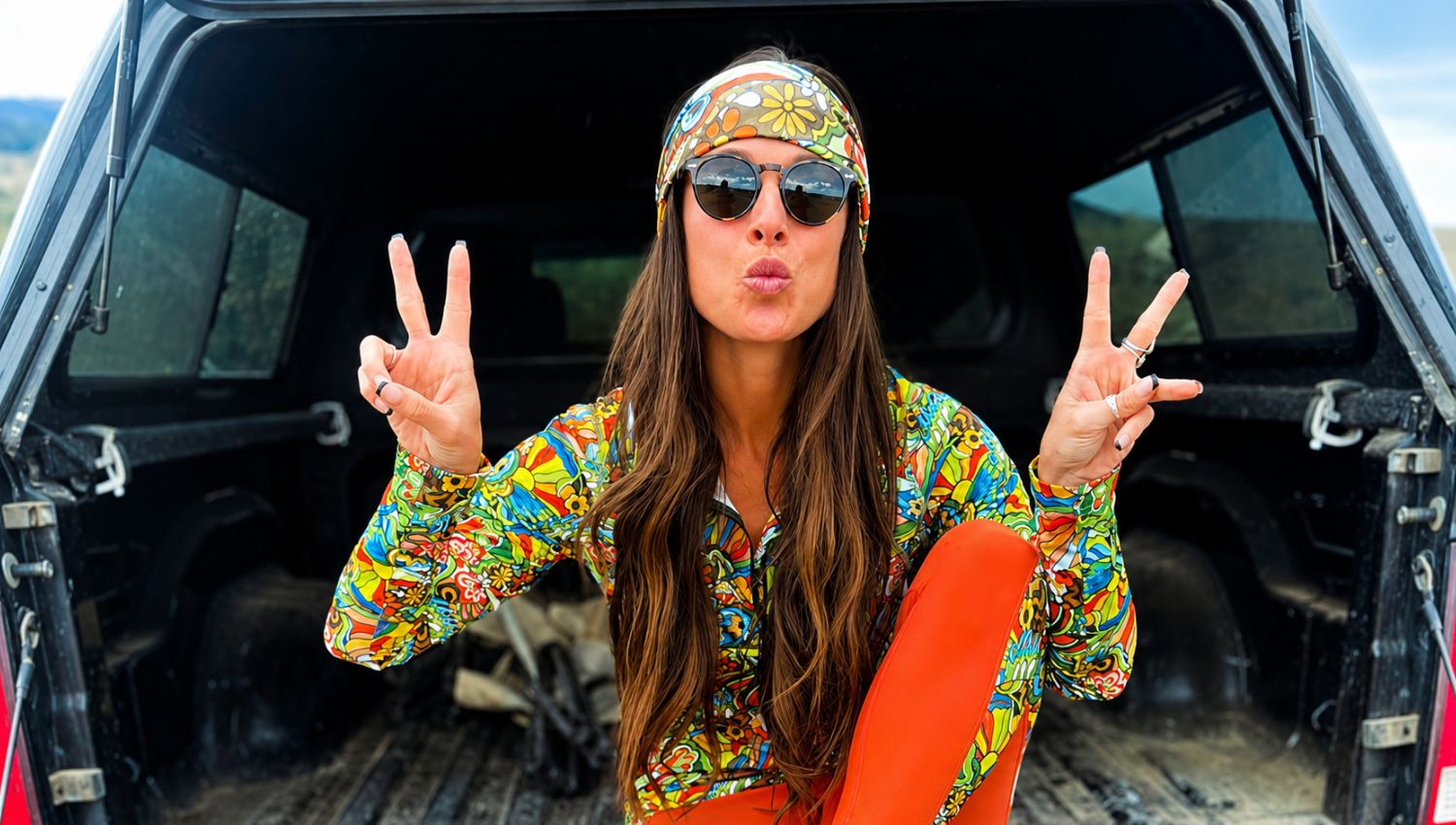 Person in colorful shirt and bandana making peace signs in front of an open vehicle