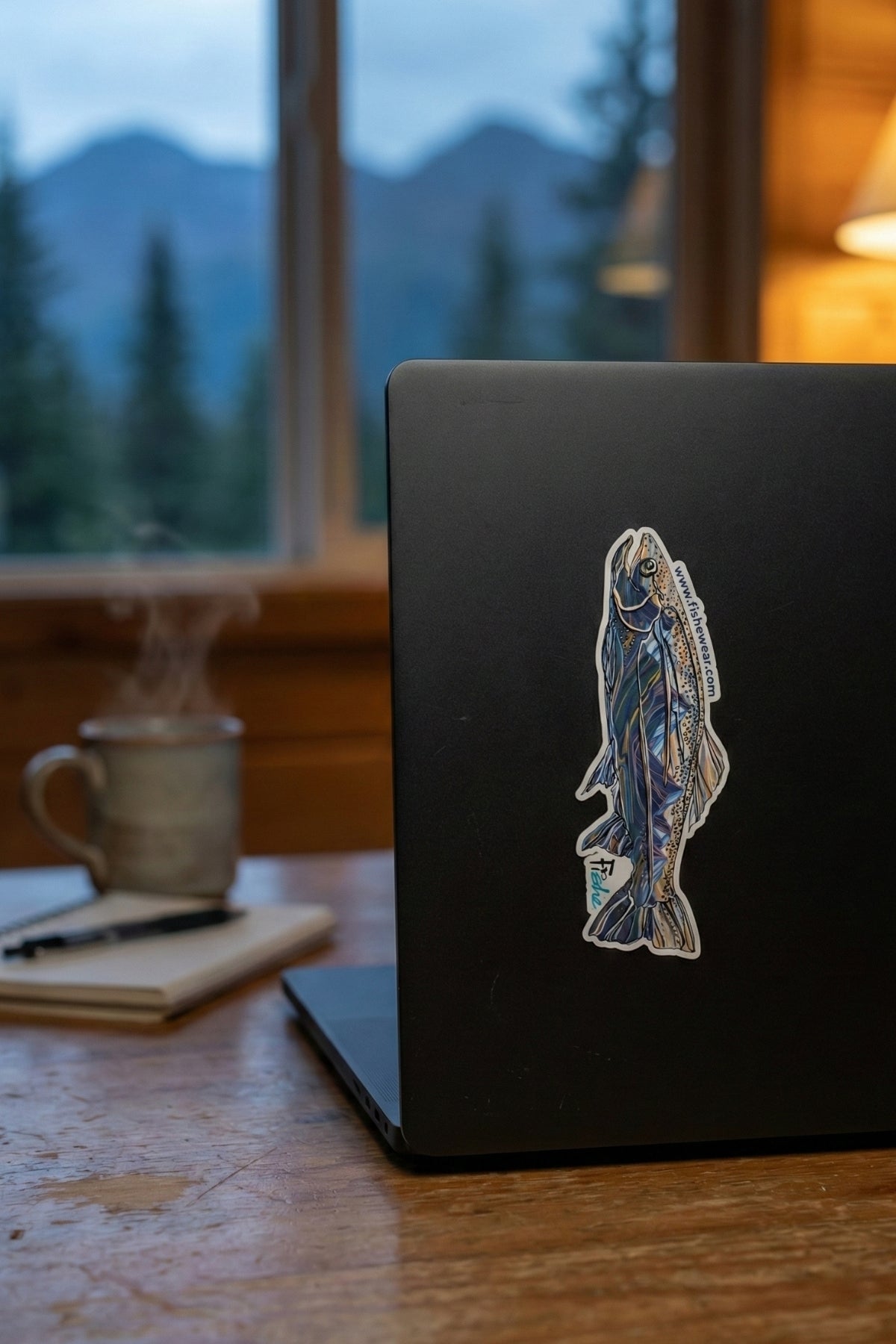 Black laptop with a fish sticker on a wooden desk with a scenic background