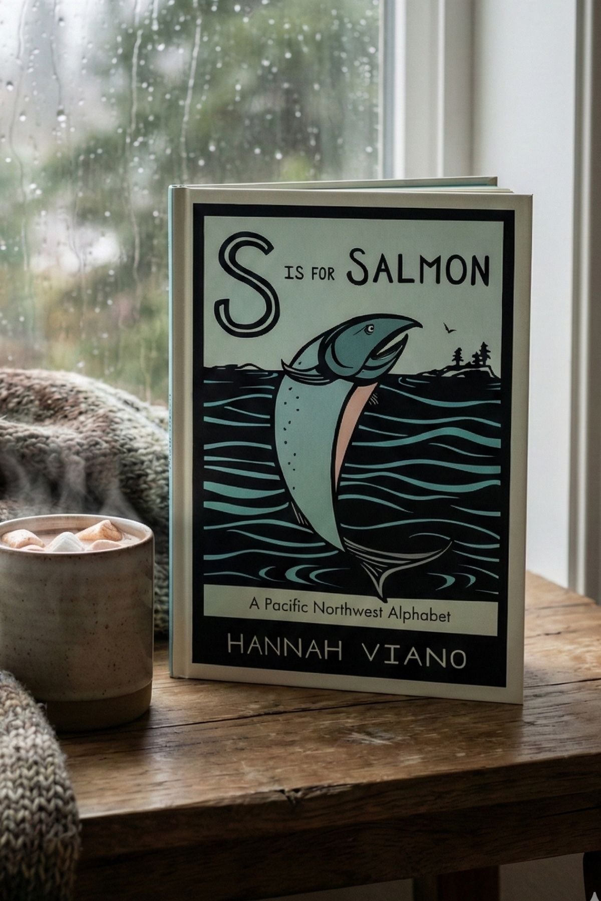 Book titled 'S is for Salmon' by Hannah Viano on a wooden surface with a rainy window background.