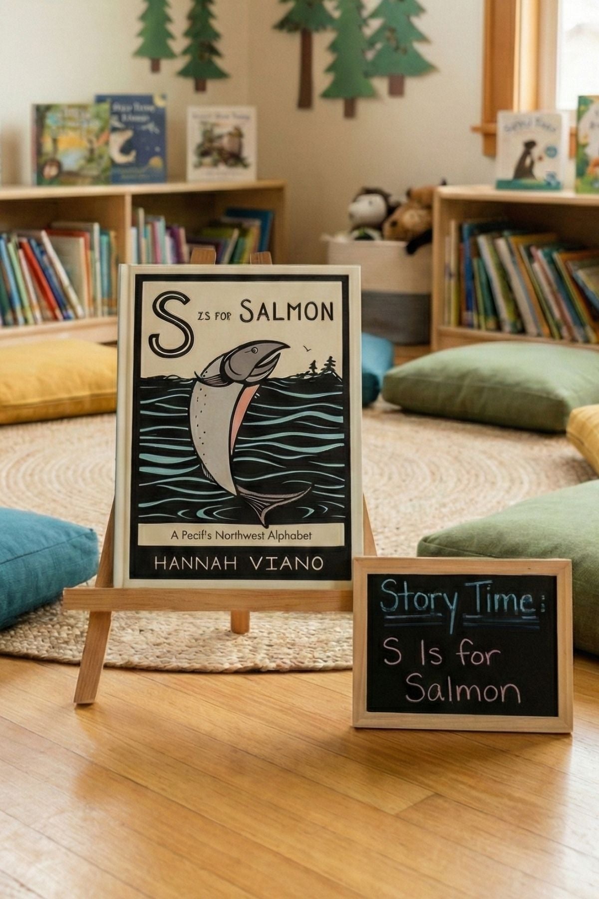Children's book 'S is for Salmon' by Hannah Viano displayed on a stand in a cozy room with books and cushions.